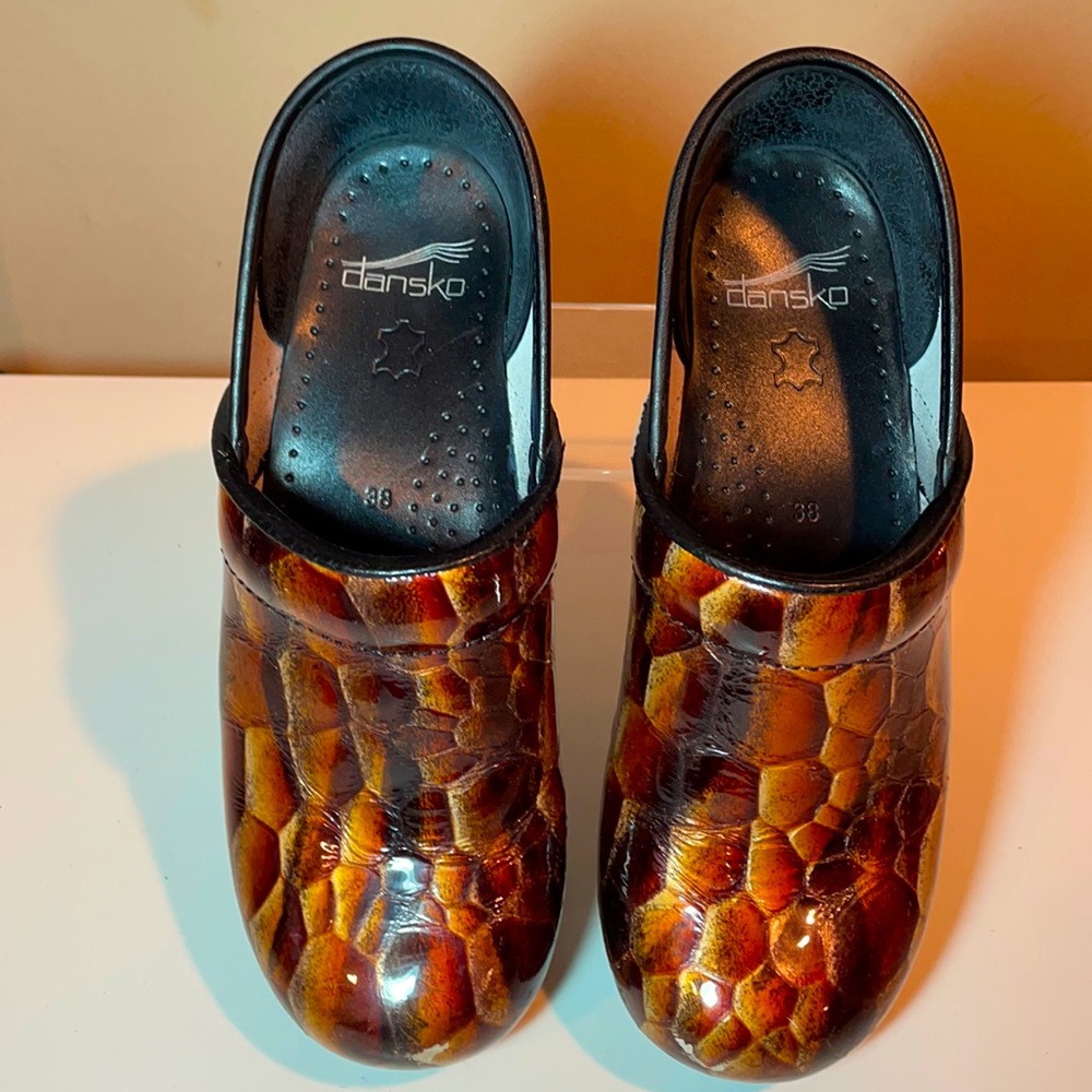 Dansko patent leopard print clog